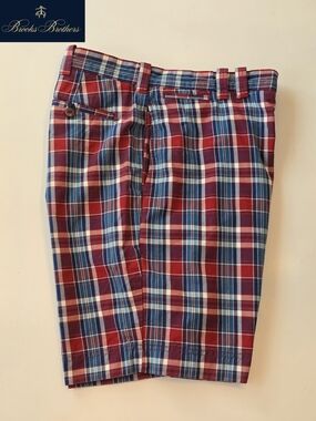 Brooks Brothers Men's Size 36 Red, Blue & White Plaid Flat-Front Shorts